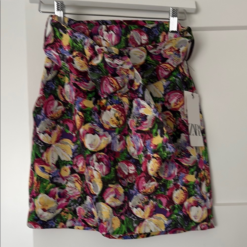 Zara Pink and Purple Tie Front Mini Skirt